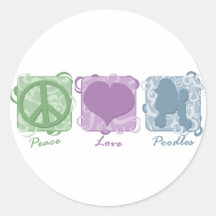 Pastel Peace, Love, and Poodles Round Stickers
