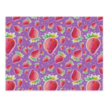 Pastel Red Purple Strawberry Pattern Post Cards