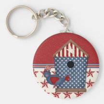 Patriotic Birdhouse on Red Stars Key Chains