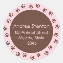 Paw print circle address label - pink and brown stickers