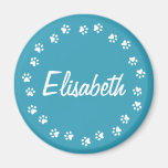 Pawprint border personalized name teal fridge magnets
