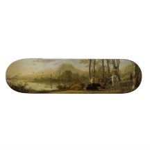 Paysage de rivière avec le cavalier et les paysans skateboards
