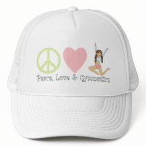 Peace, Love and Gymnastics Brunette Trucker Hats