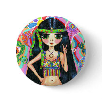 Peace Sign Hippie Girl Button