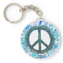 Peace Sign With Blue Waves Key Chains