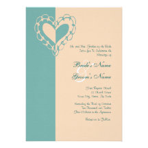 Peach and Teal Heart Wedding Invitation