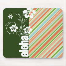 Peach & Forest Green Striped; Aloha Mouse Pad
