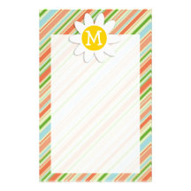 Peach & Forest Green Striped; Daisy Personalized Stationery