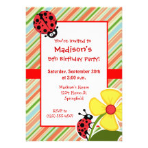 Peach & Forest Green Striped Ladybug Invite