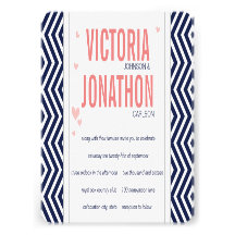 Peach Navy and Grey Zig Zag Typography Wedding Invite
