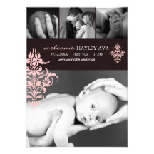Peach Pink & Brown Damask Birth Announcement