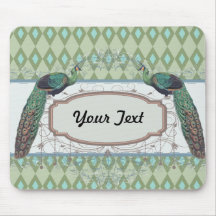 peacock aqua sage green diamond damask pattern mouse pad