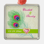 Peacock feather jewel heart wedding Save the Date Christmas Tree Ornaments