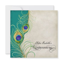 Peacock Feather Teal Blue Damask Quinceanera Party