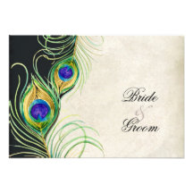 Peacock Feathers Black Damask RSVP Response Card Custom Invites