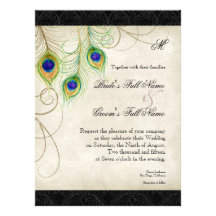 Peacock Feathers Black Damask Wedding Stationery Invite