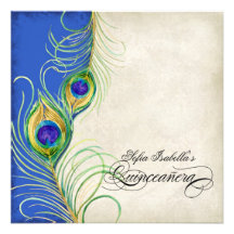 Peacock Feathers Blue Damask Quinceanera Party Custom Invites