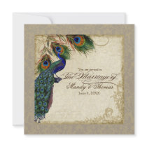 Peacock & Feathers Formal Wedding Invite Taupe Tan