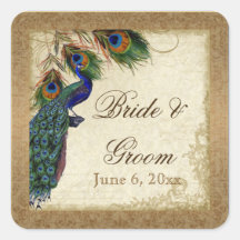 Peacock & Feathers Vintage Gold Look Damask  Swirl Square Stickers