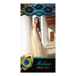 Peacock Graduation Photo Card Blue Gold Vertical