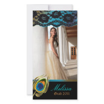 Peacock Graduation Photo Card Blue Gold Vertical