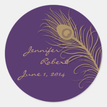 Peacock Plume in Gold and Plum Envelope Seal Round Sticker