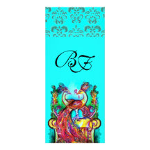 PEACOCKS IN LOVE AQUA BLUE TEAL  DAMASK MONOGRAM PERSONALIZED ANNOUNCEMENTS