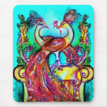 PEACOCKS IN LOVE  MONOGRAM red blue turquase green Mousepad
