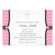Pearl Cross Pink Chevron Christening Announcements