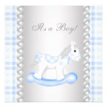 Pearls Blue Gingham Rocking Horse Baby Boy Shower Custom Invitation