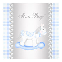 Pearls Blue Gingham Rocking Horse Baby Boy Shower Custom Invitation