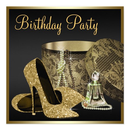 Pearls High Heel Shoes Black Gold Womans Birthday Custom Invite
