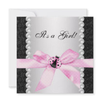 Pearls Ladybug Pink Black Baby Girl Shower Personalized Invites