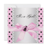 Pearls Ladybug Pink Black Baby Girl Shower Custom Announcements