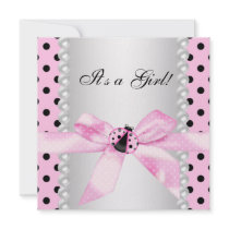 Pearls Ladybug Pink Black Baby Girl Shower Custom Announcements