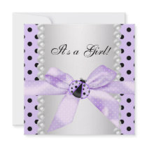 Pearls Ladybug Purple Black Baby Girl Shower Personalized Invitations