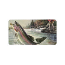 Pêche vintage de pêcheur de poissons de truite arc étiquette d’adresse