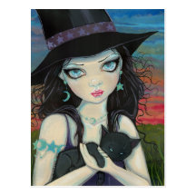 Peekaboo Witch and Cat Big Eye Art Postcard