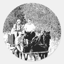 Pen and Ink Horse Drawn Wagon Round Sticker