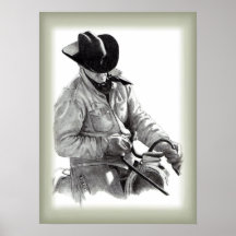 Pencil Drawing: Cowboy on Horse: Freehand Art Poster