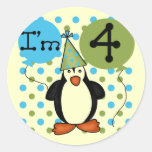 Penguin 4th Birthday Tshirts and Gifts Round Stickers