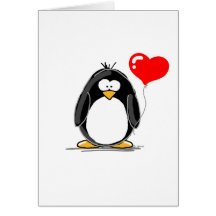 Penguin with a heart balloon greeting cards