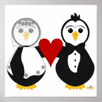 Penguins Getting Married Holding A Heart Poster
