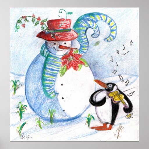 PENGUIN'S SERENADE , white blue red black Print