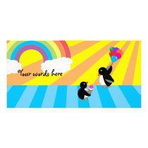 Penguins with ice cream and balloons photo greeting card