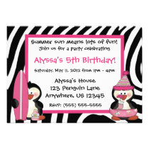 Penguins Zebra Print Girls Birthday Invitation invitations