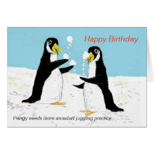 Pengy penguin snowball juggling.Birthday Card