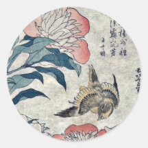 Peony and canary by Katsushika, Hokusai Ukiyoe Round Sticker