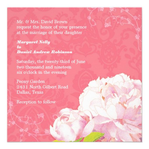 Peony Bloom, Swirls, Coral Damask Floral Wedding Personalized Invitations