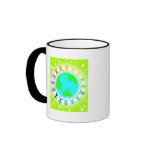 People united atop world globe coffee mugs